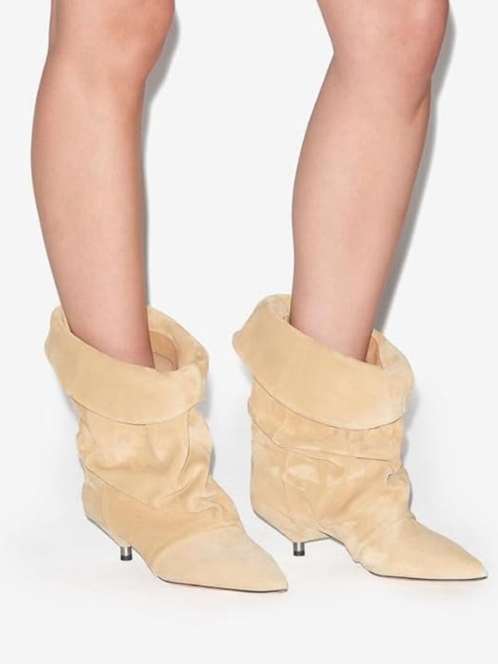 Women's Beige Suede Pointed Toe Slouchy Fold Over Casual Kitten Heel Ankle Boots